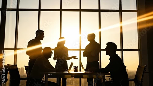 Business Meeting Silhouette at Sunset - Professional Team Discussion in Modern Office Space