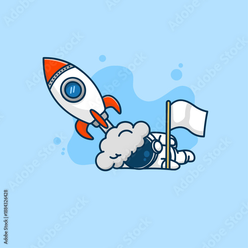 Astronaut Waving White Flag as Rocket Launches Away - Vector Illustration