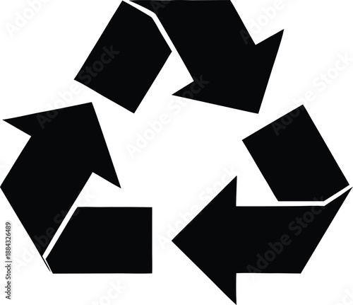 Recycling symbol, a black geometric icon representing environmental sustainability and waste reduction