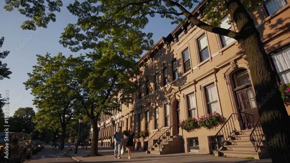 custom made wallpaper toronto digitalCharming street view video of classic brownstone buildings with lush trees, captured from a low angle under a clear blue sky.