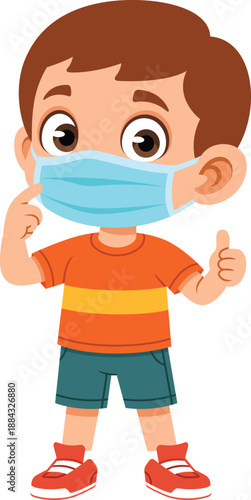 Boy character wearing face mask flat design illustration for health protection safety hygiene education and children prevention concept