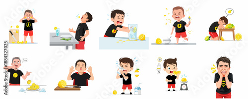 Diverse illustrations depicting a small boy reacting with extreme sour faces and strong expressions to the taste and preparation of fresh lemons and limes.