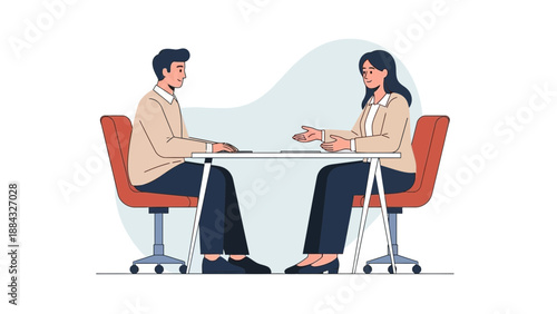 Job Interview: Two people sitting at a table, discussing employment