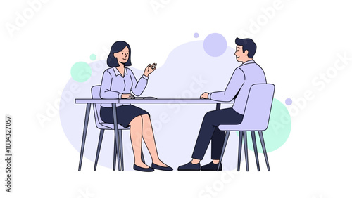 Job Interview: Woman Applicant and Male Recruiter Discussing at Table