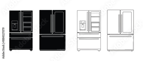 Line drawings of refrigerators in black and white designs