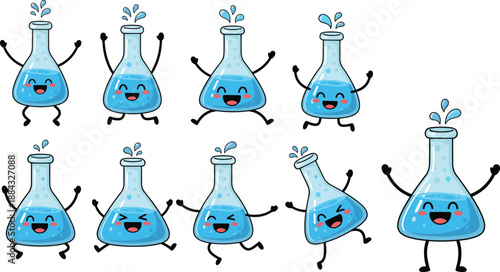 Cute Cartoon Science Beaker Character Set with Happy Faces Jumping and Bubbling Blue Liquid Experiments for Education and Chemistry Research (