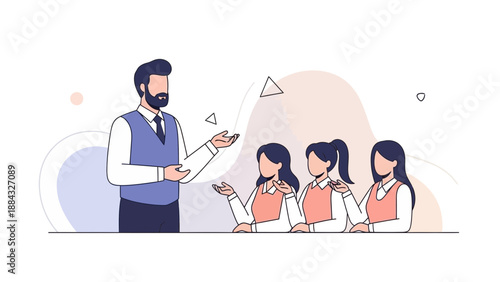 Male teacher instructing female students in a classroom, educational concept