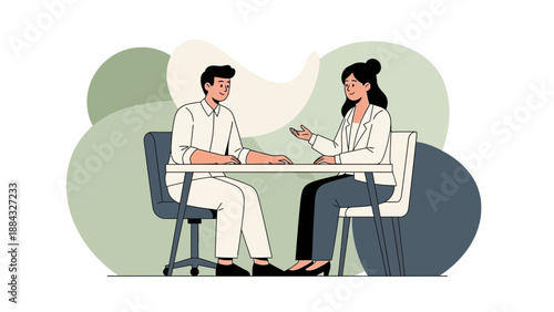 Man and woman discussing at table, modern flat illustration