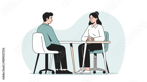 Man and Woman in Job Interview Sitting at Table, Modern Flat Illustration