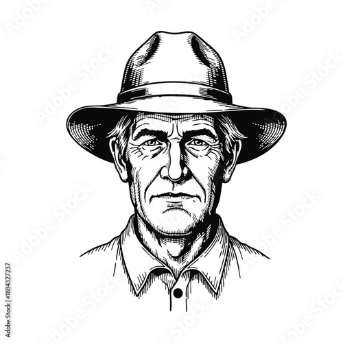 American farmer portrait, rugged face, wearing wide brim hat, handdrawn engraved etching style, detailed linework, mono color black, vector illustration, white background