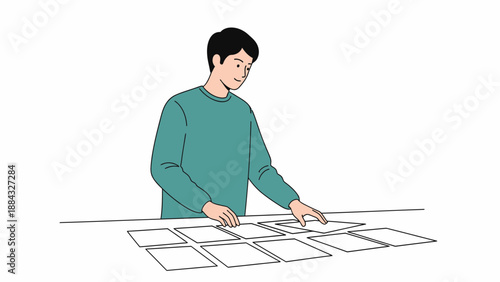 Man Arranging Papers on Table, Planning and Organizing
