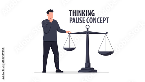 Man contemplating balance scale, decision making, thinking pause concept