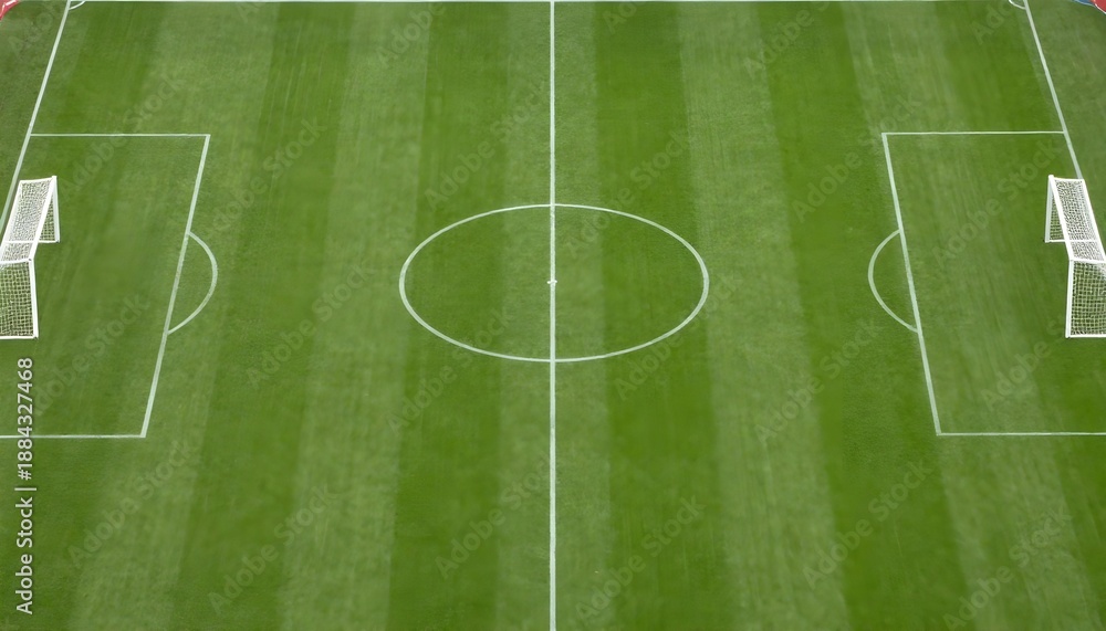 Obraz premium Aerial view of a pristine green soccer field with white markings and goals ready for play