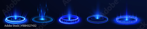 Abstract neon energy ring with glowing halo light. Floating blue circle creates holographic portal appearance. Perfect PNG for futuristic product stages, sci-fi UI, and digital design.