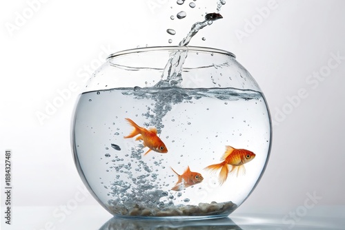 Goldfish swimming in a clear bowl as water splashes in, creating bubbles and ripples
