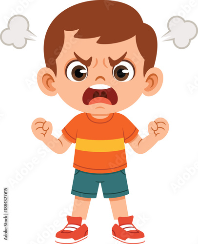 Angry boy character with clenched fists showing strong emotion flat design illustration for children content education storytelling emotion concepts and expressive visuals