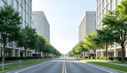 Modern business park with office buildings and clean internal road in daylight
