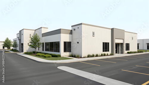 Simple office park with low-rise corporate buildings and open space