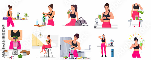 Woman preparing and drinking healthy green smoothies, illustrating fitness, nutrition, and wellness routine steps using a blender.