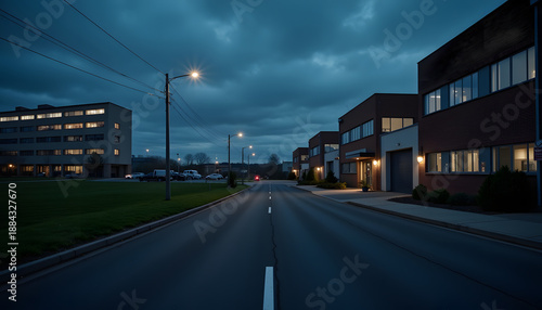 Business park exterior at night with office buildings and empty road