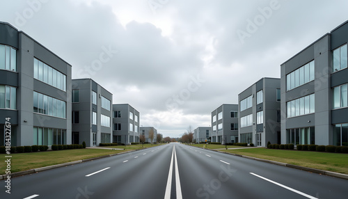 Corporate business park with empty road and modern office buildings