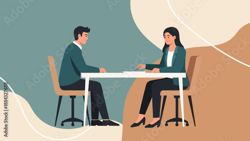 Job Interview Meeting: Man and Woman at Table, Professional Conversation