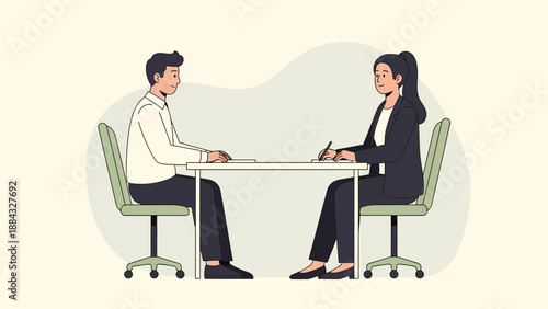 Job Interview Meeting: Man and Woman Discussing Careers at Desk