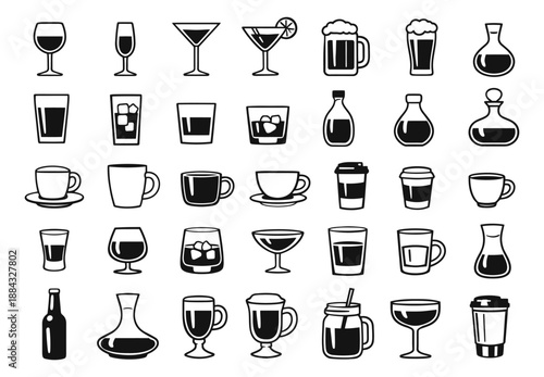Minimalist line art drinkware icon set featuring various glasses, cups, mugs, and bottles for bar and cafe menus