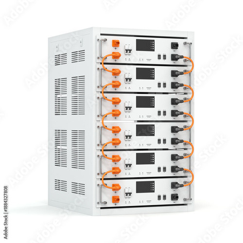 Highly detailed 3D render of a modern rack with modular lithium-ion batteries for energy storage systems. Ideal for illustrating renewable energy and industrial power solutions