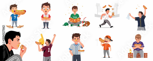 Sports fans enjoying and struggling with stadium hot dogs and snacks, a collection of reactions and messy eating illustrations.