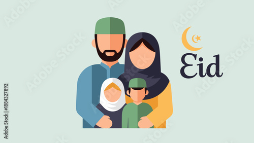 Happy Muslim Family Celebrating Eid with Crescent Moon and Star Symbol