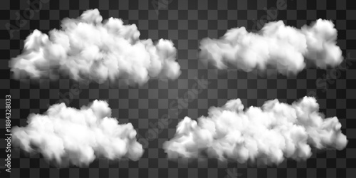 Vector white realistic cloud set. Cloud texture, nature sky or foggy nature illustration on png background. Vector weather isolated on transparent background.