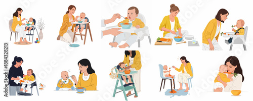Mother and baby feeding journey set, illustrating moments from preparing healthy food, spoon-feeding, messy meal times, and loving bonding in a high chair.