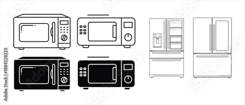 Set of kitchen appliances including microwaves and refrigerators
