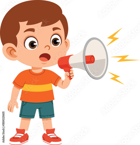 Boy character holding megaphone flat design illustration for announcement communication public speaking and children message concept