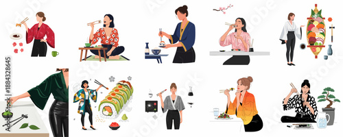 Diverse scenes of women enjoying Japanese cuisine, including sushi, sashimi, and traditional dishes, highlighted by cultural fashion and dining rituals.