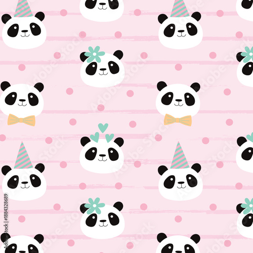 Cute panda bears seamless pattern. Vector birthday party illustration
