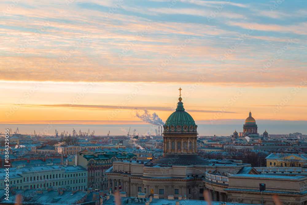 Fototapeta premium View of Kazan and St. Isaac's Cathedrals from the Duma Tower. Beautiful sunset.