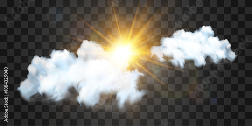 Vector realistic cloud with transparent sunlight. Cloud texture, nature sky with bright sun. Sky nature illustration on png background. Vector weather isolated on transparent background.