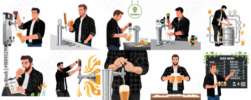 Brewery Worker and Bartender Vector Set: Pouring Draft Beer, Tasting, Managing Kegs, and Displaying the Menu.