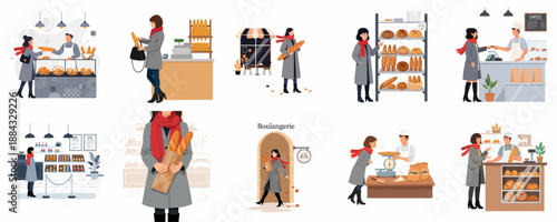 Collection of vector scenes illustrating a woman's experience purchasing fresh bread and baguettes from a traditional French boulangerie, including customer service and baking elements.