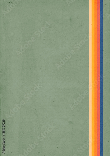 1970s background pattern. Vintage colored stripes on green bleached out paper texture.
