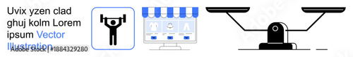 E-commerce, fitness, justice, balance, online shopping, fair trade. Storefront and weight icons with scales. E-commerce and fitness concepts through creative symbols