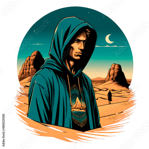 The print. Stylized illustration of a hooded figure in a desert landscape under a crescent moon