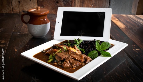 Delicious Beef Dish with Greens and Tablet Device on Table.