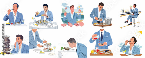 Stylish man enjoying fresh oysters in various luxurious settings: fine dining, shucking, and beachfront consumption, illustrating seafood delicacy and indulgence.