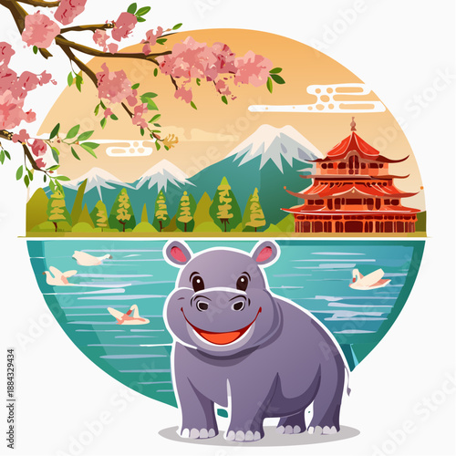 Hippo smiling beside blooming plum blossoms,