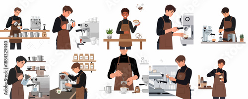 Barista workflow vector collection: professional men making espresso, pouring latte art, grinding beans, and serving various coffee drinks in a cafe.