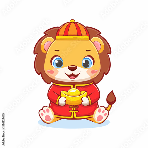  Lion cub wearing traditional red outfit, holding gold ingot