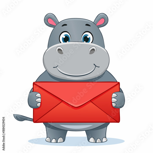 Hippo holding red envelope with blank space,